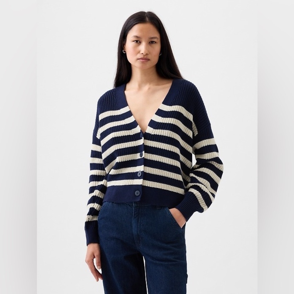 Gap shaker stitch Classic cotton navy white stripe nautical cardigan sweater M